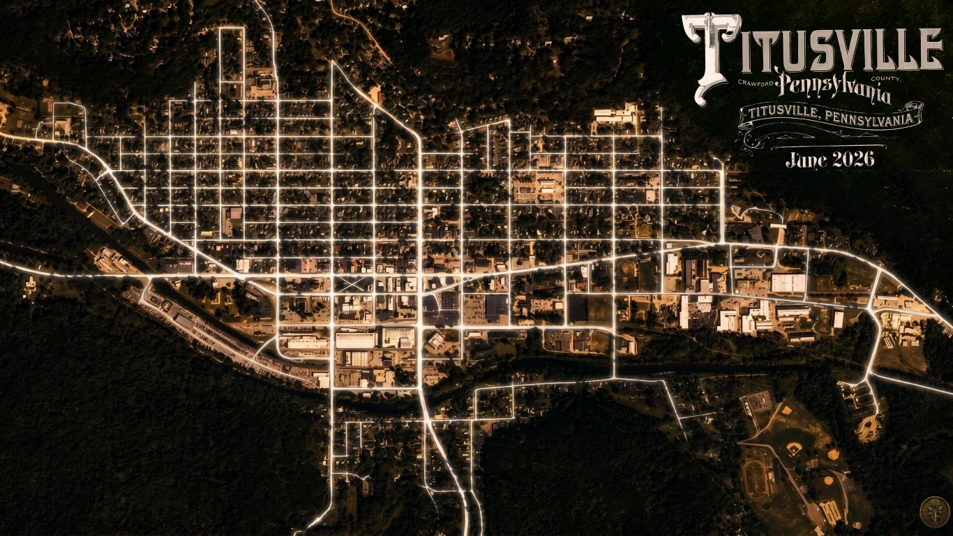 Map of Titusville, Pennsylvania with glowing streets